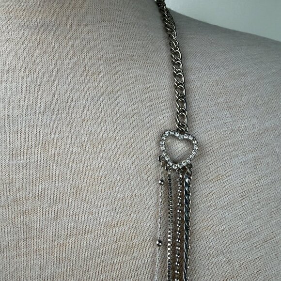 Tutti Frutti Silver Tone Multi Strand Chain Necklace Heart Rhinestone 30-32" - Picture 2 of 5